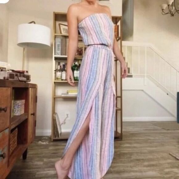 Anthropologie Drew Emerson Jumpsuit Size Medium Strapless Tulip Hem Linen Blend - Picture 1 of 11